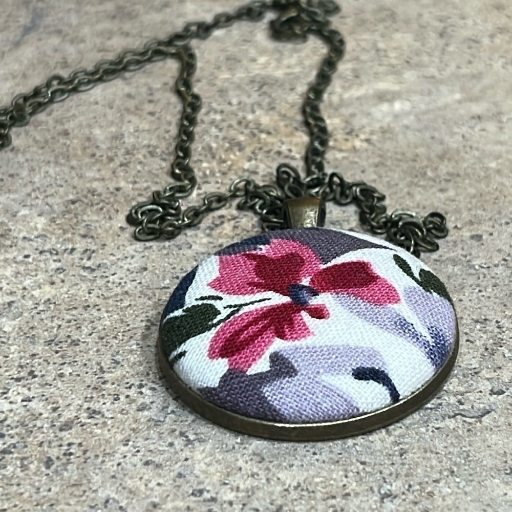 Faux, Costume, Vintage, Pink, Floral, Cloth, Pendant, Necklace